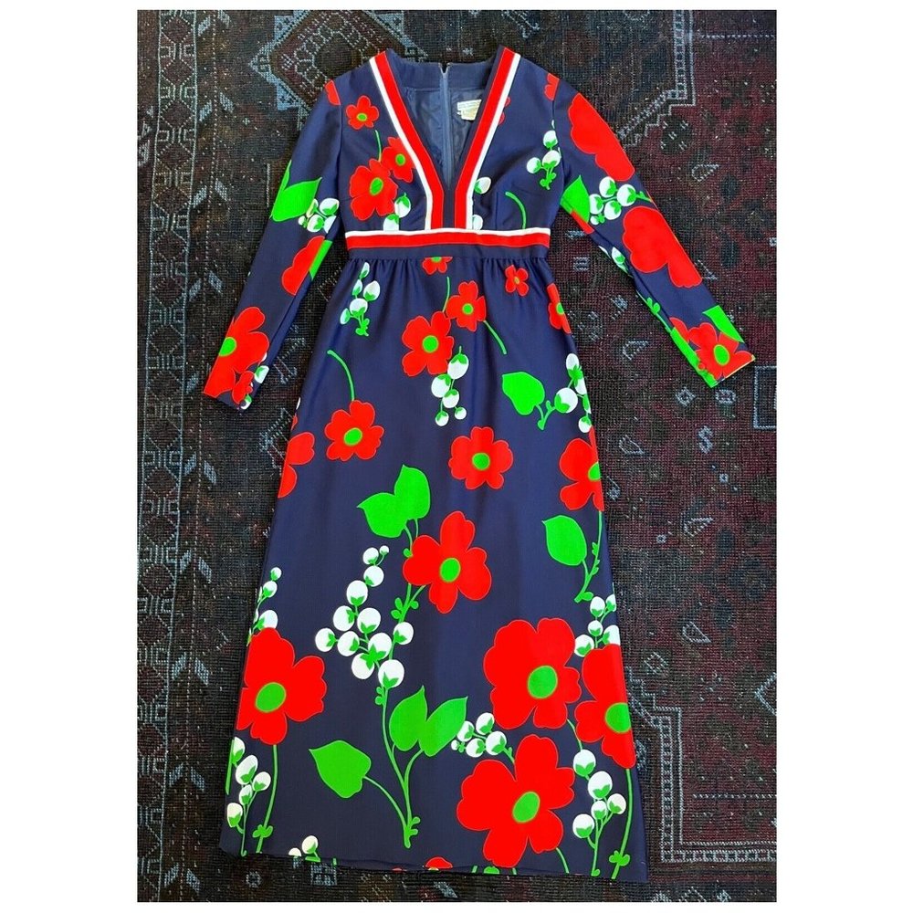 RARE Vintage Tori Richard Floral V-Neck Maxi Dress | Blue Red White | Size 10 4